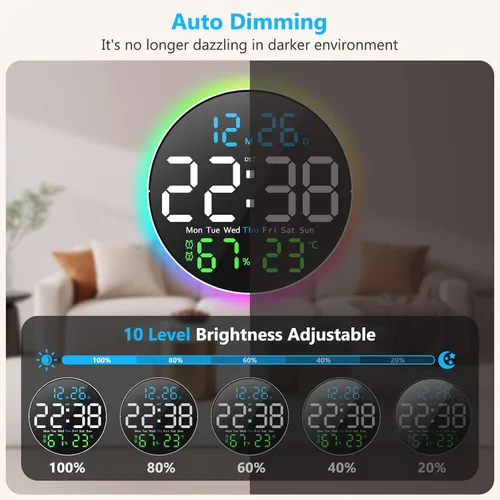 Vista 5 de Reloj de pared digital, pantalla LED grande de 10 pulgadas, reloj digital con luz RGB, control remoto, atenuador de brillo automático con luces