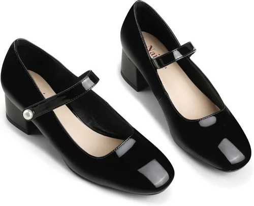Vista 6 de Naiyee Mary Jane Shoes - Zapatos de vestir con correa de tobillo y tacón grueso para mujer, zapatos de tacón bajo con punta redondeada