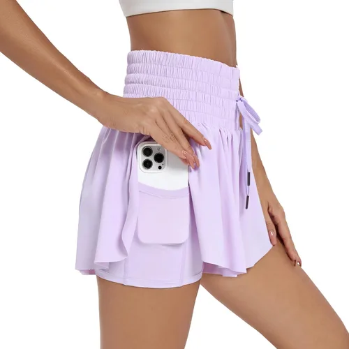 Vista 4 de Blaosn Pantalones cortos deportivos fluidos para mujer, entrenamiento, correr, gimnasio, yoga, cintura alta con bolsillos, pantalones cortos