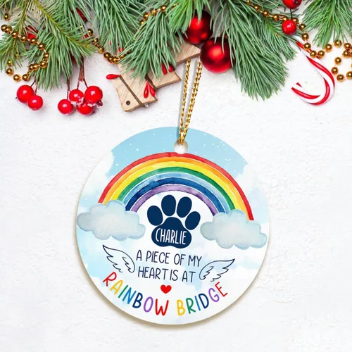Vista 2 de Adorno de Navidad conmemorativo personalizado para mascotas, perros y gatos, A Piece of My Heart is at Rainbow Bridge, adorno de Navidad con nombre