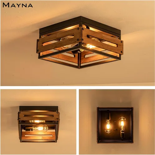 Vista 8 de MAYNA Lámpara de techo de granja, lámpara de techo rústica de 2 luces con montaje empotrado de metal y madera, accesorios de iluminación de pasillo