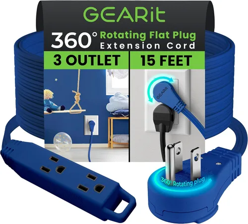 Vista 14 de GEARit Cable de extensión de enchufe plano giratorio de 360° de 3 pies, cable de alimentación de perfil bajo de 3 salidas, ahorro de espacio