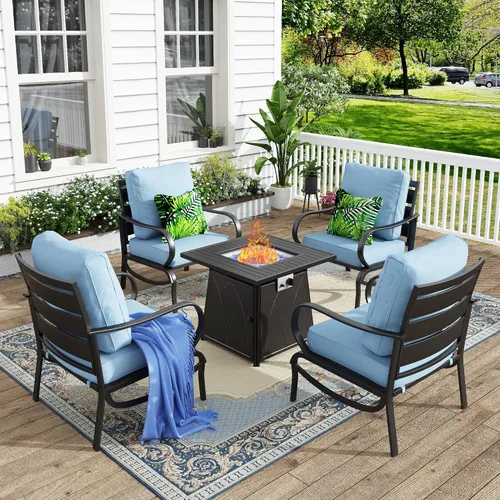 Vista 59 de MFSTUDIO Juego de 4 piezas de conversación para patio, marco de metal para todo tipo de clima, muebles de exterior con 1 mesa rectangular de propano