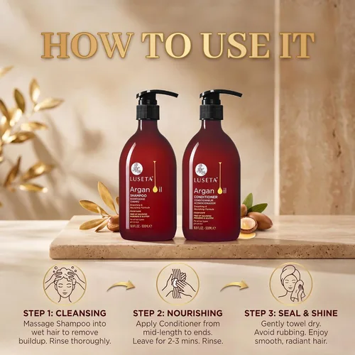 Vista 8 de Luseta - Juego de champú y acondicionador de aceite de argán, sin sulfatos, para tratar la pérdida de cabello, ideal para cabello dañado, fino, seco