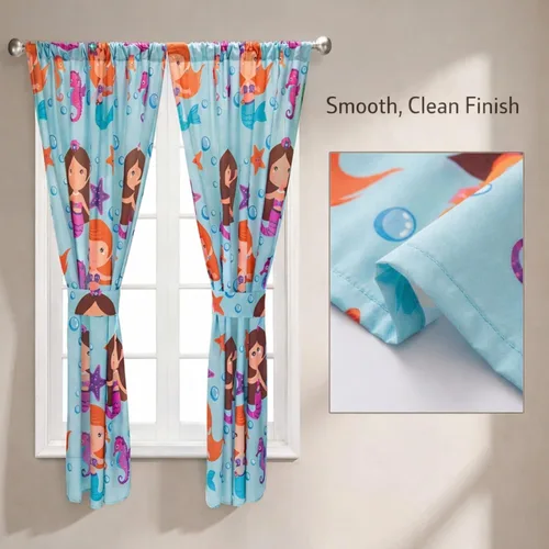 Vista 5 de Cortinas de sirena para dormitorio de niñas con caballitos de mar y estrella de mar; 4 cortinas temáticas de sirena para niños con 2 paneles de 82 x