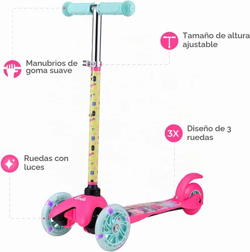 Vista 2 de Patinete para niños, auto equilibrio de 3 ruedas, ruedas LED iluminadas Barbie