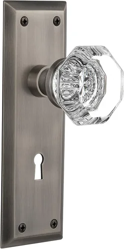 Vista 20 de Nostalgic Warehouse Placa interior de Nueva York con pomo de puerta Waldorf de estilo mortise en latón envejecido