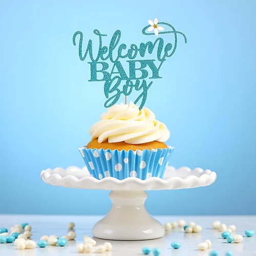 Vista 4 de Kaoenla Decoración para pastel de bienvenida de bebé niño con purpurina azul, decoración de fiesta de revelación de género para recién nacidos