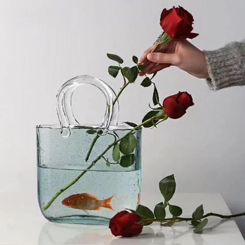 Vista 3 de Jarrón de vidrio para flores, florero de bolsa de vidrio transparente, bolso único de flores, jarrón de peces con asas, jarrón transparente de boca