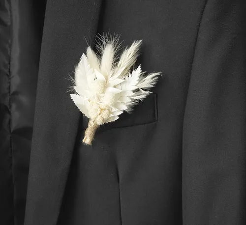 Vista 14 de Flores secas blancas Boho Pampas Boutonniere secas, ramo de flores secas rústicas, pin de solapa para mujeres/novios para hombres (B01)