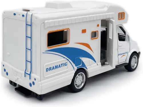 Vista 4 de Mini juguete de autocaravana camper RV para niños, modelo de aleación con tracción hacia atrás, vehículo recreativo con aventura, con muebles, techo
