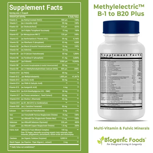 Vista 2 de Biogenic Foods Complejo B-50 Metilectric - B1 metilado - B20 multivitamínico y minerales fúlvicos, cápsulas vegetales