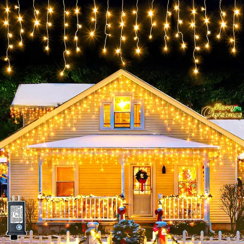Vista 17 de Luces de Navidad de carámbano para exteriores, 66 pies, 640 luces LED de Navidad azules y blancas, 8 modos con 120 gotas, luz de carámbano