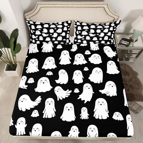 Vista 32 de Juego de sábanas bajeras con bonito diseño de gato negro para niños y niñas, diseño de dibujos animados de Halloween, gato, animales, sábanas