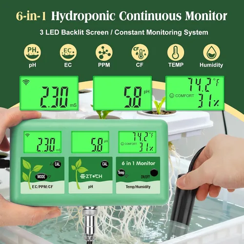 Vista 2 de Monitor continuo de pH EC para hidropónico, medidor de pH EC PPM WiFi 6 en 1, probador digital de pH TDS temperatura humedad para sistema