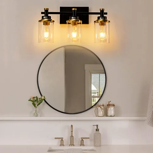 Vista 6 de Accesorios de Luz de Baño de 3 Luces, Accesorio de Luz de Tocador Negro y Dorado Cepillado Sobre Espejo, Apliques de Pared Modernos Iluminación