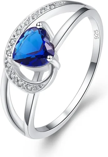 Vista 14 de Anillo de promesa de boda con topacio azul y blanco, chapado en plata de ley 925, con doble corazón