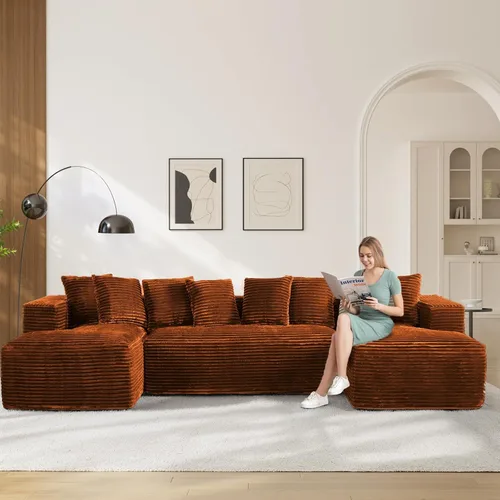 Vista 17 de Sofás seccionales en forma de U de gran tamaño de 131 pulgadas para sala de estar, cómodo sofá modular de pana esponjosa beige sin hueso, sofá