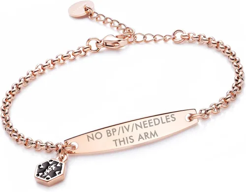 Vista 69 de LinnaLove - Pulsera de identificación de alerta médica con cadena Rolo simple pregrabada para mujer