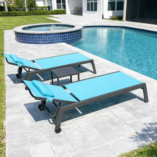 Vista 28 de PURPLE LEAF Juego de sillas de lounge al aire libre de gran tamaño de 3 piezas para patio, tumbona para piscina, estructura de aluminio con mesa