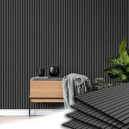 Vista 2 de Paneles acústicos de listones de madera de 4 piezas para una decoración elegante y reducción de ruido, panel texturizado 3D para techo y pared