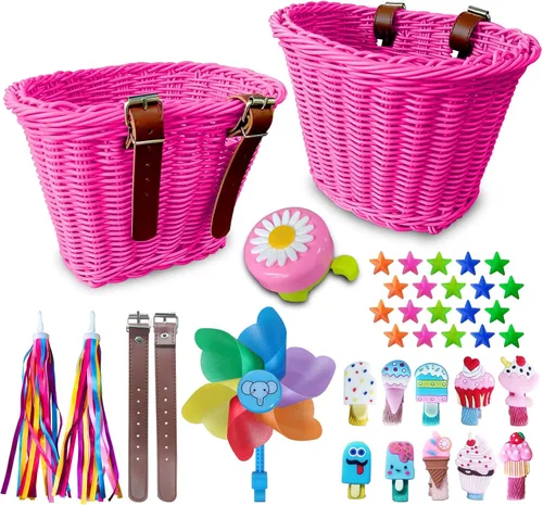 Vista 9 de Cesta de Bicicleta para Niños, Cesta de Bicicleta Desmontable para Niñas con Coloridas Serpentinas de Bicicleta, Campana de Bicicleta, Molinillo