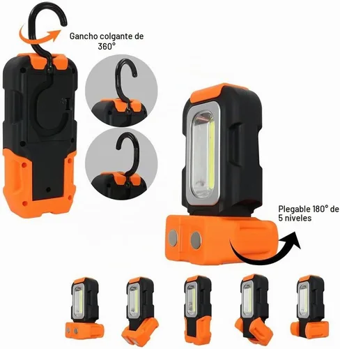 Vista 2 de Luz de trabajo LED transportable, 200 lúmenes, multiuso, linterna, base magnética y gancho para colgar, a batería, 5000 K luz de día, ángulo