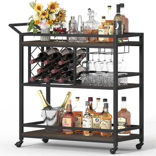Vista 11 de FATORRI Carrito de bar para el hogar, carritos de vino rodantes sobre ruedas con estantes de madera de 3 niveles, carrito de bebidas de licor