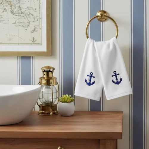 Vista 2 de Serafina Home Toallas de baño suaves y absorbentes para huéspedes: ancla azul náutica con diseño costero de cuerda gris plateada, 2 piezas de 12 "x