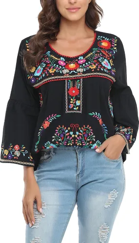 Vista 5 de YZXDORWJ Blusa campesina mexicana de algodón para mujer, color blanco