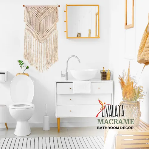 Vista 4 de Livalaya Tapiz bohemio tejido de macramé para colgar en la pared, color beige, 16 x 36 pulgadas, moderno tapiz bohemio para decoración de pared