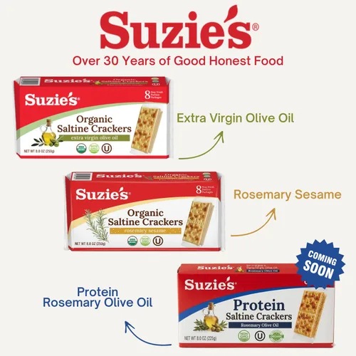 Vista 5 de Galletas Saladas Orgánicas Suzie's, Romero y Sésamo, Bocadillos Horneados Gourmet Saludables para Adultos y Niños - Paquete de 6, 8.8 oz Cada Una