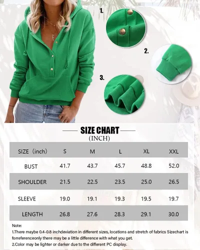 Vista 6 de Shaeueak Sudadera con capucha y botones para mujer, casual, manga larga, con cordón