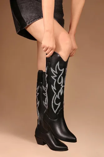 Vista 3 de Ouepiano Botas vaqueras para mujer, botas de vaquera con diamantes de imitación brillantes, punta de almendra, tacón bajo, meter, Westerm, a