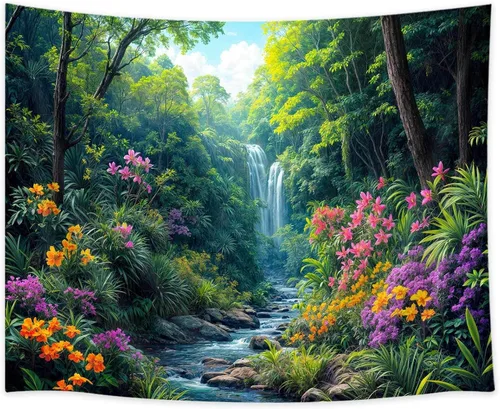 Vista 4 de Tapiz de cascada de bosque, flores de paisaje natural, tapices para colgar en la pared para hombres y niños, decoración de arte de pared, decoración