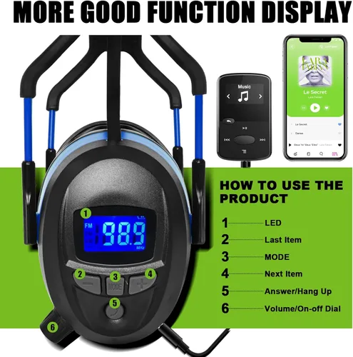Vista 2 de Gardtech Protección auditiva con Bluetooth, orejeras de radio FM, NRR 29dB, auriculares de protección auditiva con cancelación de ruido con MP3