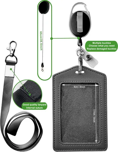 Vista 4 de Funda para tarjeta de identificación + cordón resistente (negro) + mosquetón retráctil de carrete y clip de plástico (cuero genuino)