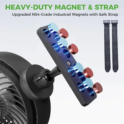 Vista 3 de 10L0L Ventilador magnético para carrito de golf recargable, 10000 mAh N54 Ventilador de enfriamiento portátil con 3 velocidades, cabezal giratorio