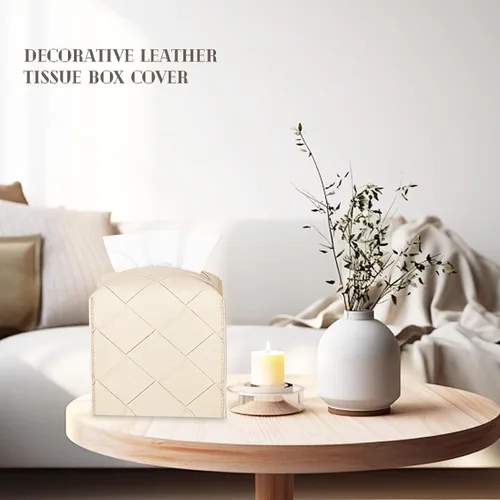 Vista 3 de Funda para Caja de Pañuelos de Cuero PU Cuadrada Soporte Organizador de Pañuelos Faciales Dispensador para Baño, Dormitorio, Encimera de Tocador