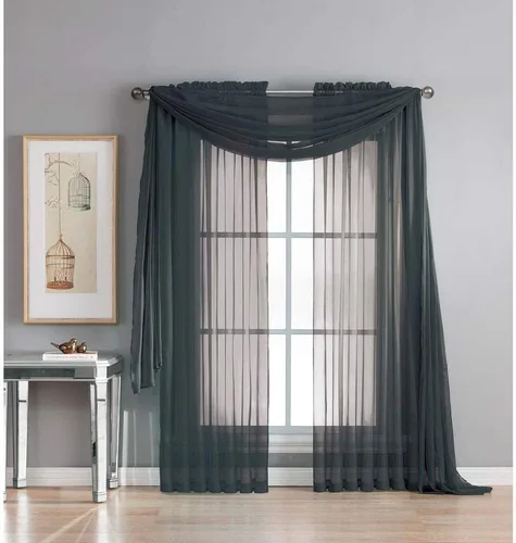 Vista 2 de Set de 3 piezas de cortina de gasa (2 piezas de 58" x 84") y cenefa de ventana (1 pieza de 37" x 216") (Negro)