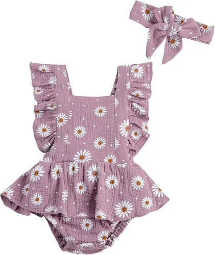 Vista 8 de Mameluco para bebé recién nacido, con margaritas, ropa ajustable con volantes de una pieza, overol de verano para bebé Naranja