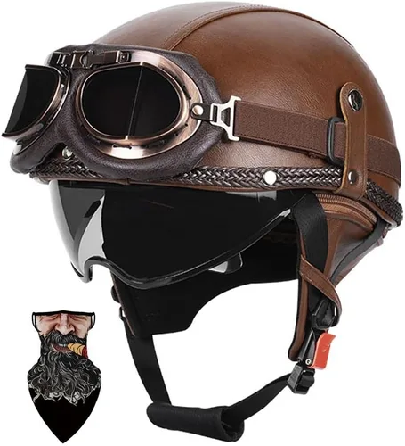 Vista 14 de Cascos Moto Retro Jet Vintage Medio, DOT Homologado Visera Retráctil PC y Hebilla Rápida, Desmontable para Hombre Mujer Adultos, Scooter Crucero