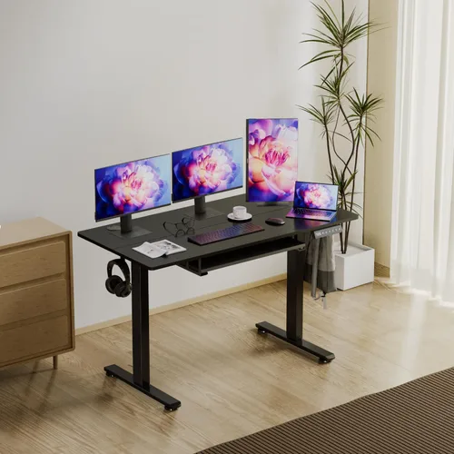 Vista 2 de Escritorio eléctrico de altura ajustable con bandeja para teclado, escritorio de pie sentado de 48 x 24 pulgadas, escritorio ergonómico para Negro