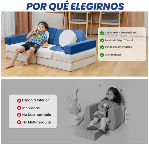 Vista 8 de Sofá modular de juego para niños, 13 piezas, con funda de terciopelo lavable, expansión instantánea de 5 segundos, espuma convertible y cojín