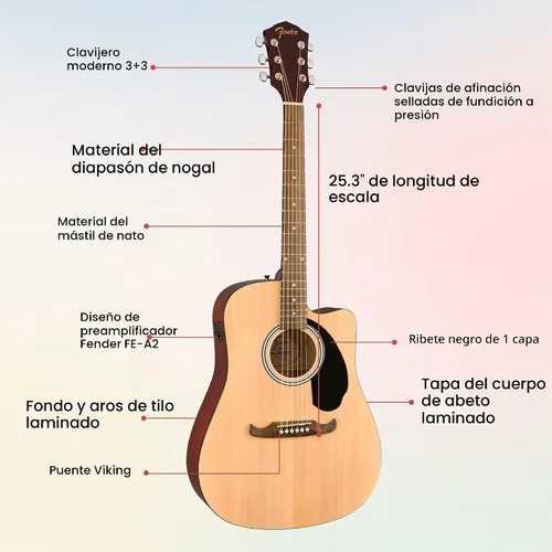Vista 8 de Fender FA-125CE - Conjunto de guitarra electroacústica, Natural