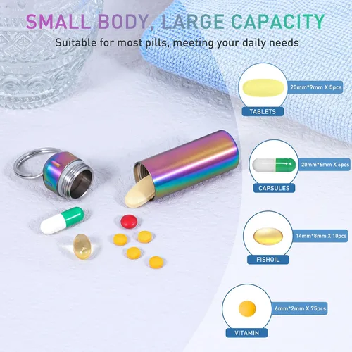 Vista 5 de VTAR Organizador de píldoras, impermeable, de una sola cámara, de acero inoxidable, pastillero pequeño de viaje, llavero para pastillas, contenedor