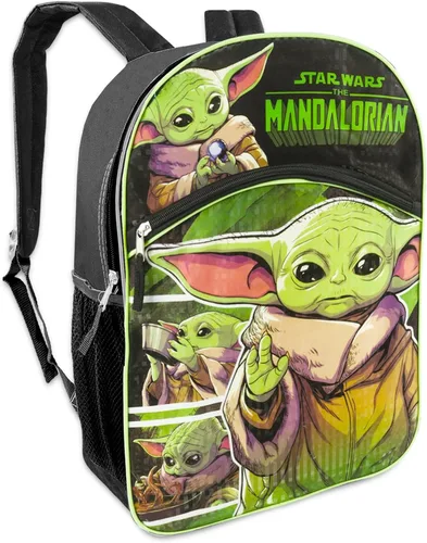 Vista 2 de Baby Yoda Backpack For Boys 8-12 Set - Mandalorian Backpack for Boys Bundle with Water Pouch, Stickers, More Star Wars School Supplies
