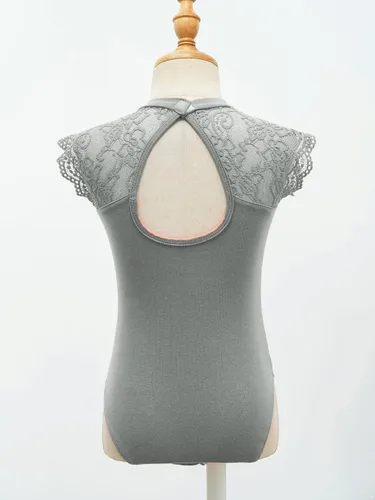 Vista 4 de JEATHA Leotardos de ballet para niñas, camisetas de baile, bailarina, encaje floral, con botones, entrepierna