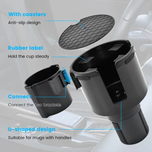 Vista 3 de Expansor de portavasos de automóvil 2 en 1, adaptador extensor ajustable para automóvil con base antideslizante, extensor de portavasos antiderrames