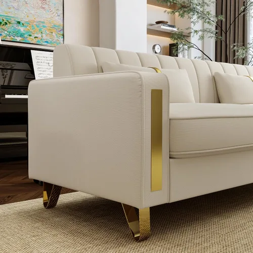 Vista 5 de Sofá de dos plazas para sala de estar, sofá de terciopelo beige de 86 pulgadas con 2 almohadas y patas de metal dorado, sofá tapizado moderno sofá